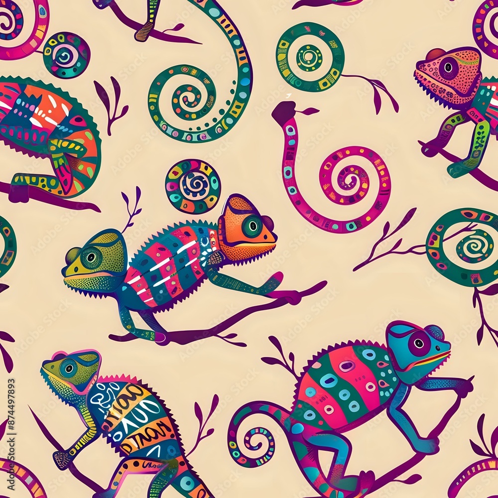 Obraz premium Chameleon and Branches Scattered Pattern