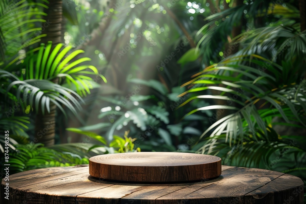 Wooden podium in tropical forest for product presentation and green background, Generative AI Wooden podium in tropical forest for product presentation and green background, Generative AI