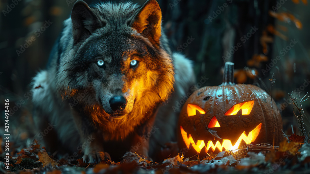 A wolf sitting beside a glowing Jack-o'-lantern in a dark, rainy forest setting, creating a spooky Halloween atmosphere
A wolf sitting beside a glowing Jack-o'-lantern in a dark, rainy forest setting, creating a spooky Halloween atmosphere