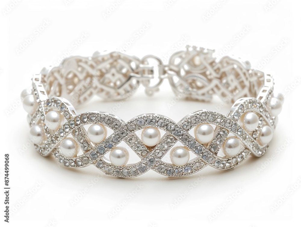 Elegant bridal bracelet with pearls and diamonds, isolated on a white background, emphasizing the details Elegant bridal bracelet with pearls and diamonds, isolated on a white background, emphasizing the details