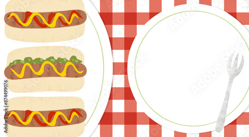 Hot dogs on a picnic table, with copy space on a plate, in a cut paper style with textures
