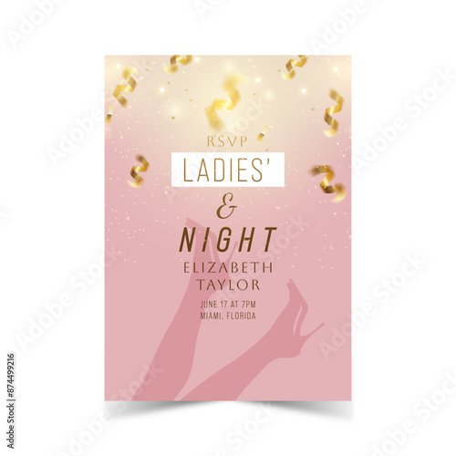 Party invitation poster ladies night. Womens day party. Ladies night flyer or banner design. Vector illustration in shiny golden tones. © Lunny Wind