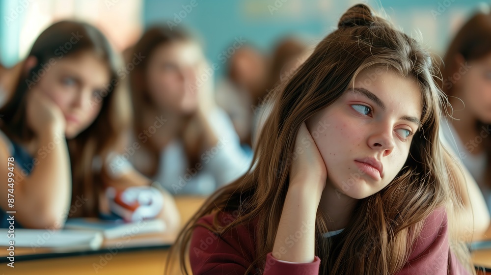 A_bored_and_sleepy_teenage_girl_Caucasian_sits_in_a_high_School A_bored_and_sleepy_teenage_girl_Caucasian_sits_in_a_high_School