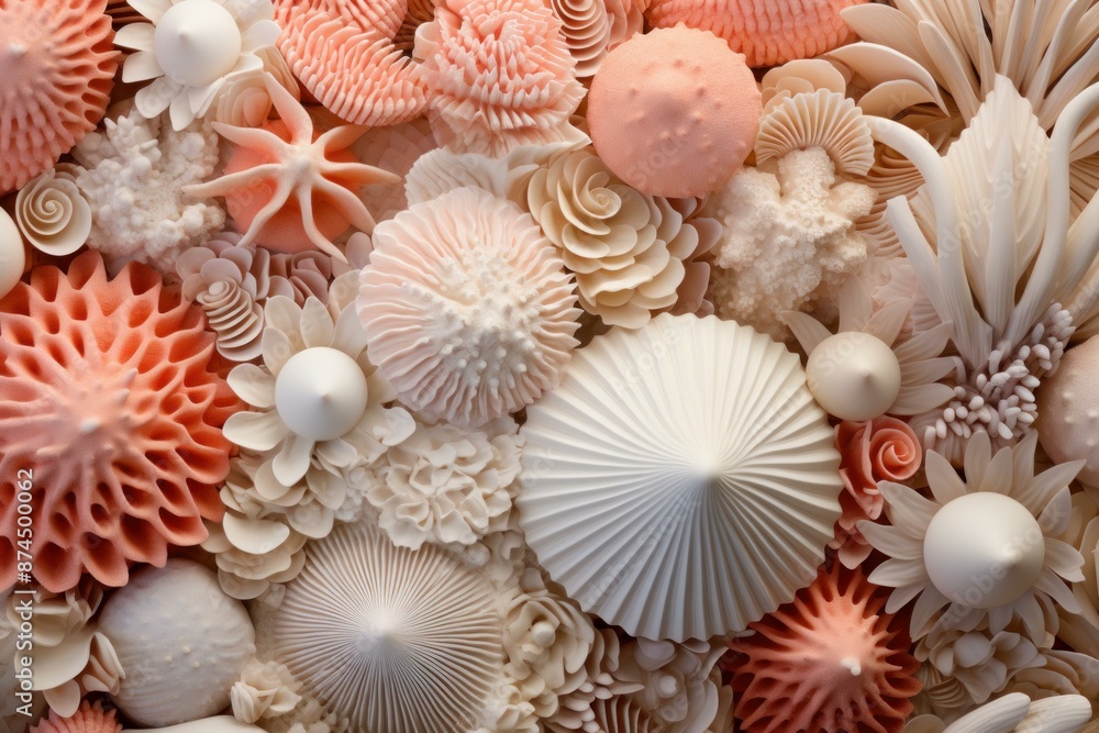 Close-up of assorted sea shells creating a natural textured background in pastel tones Close-up of assorted sea shells creating a natural textured background in pastel tones
