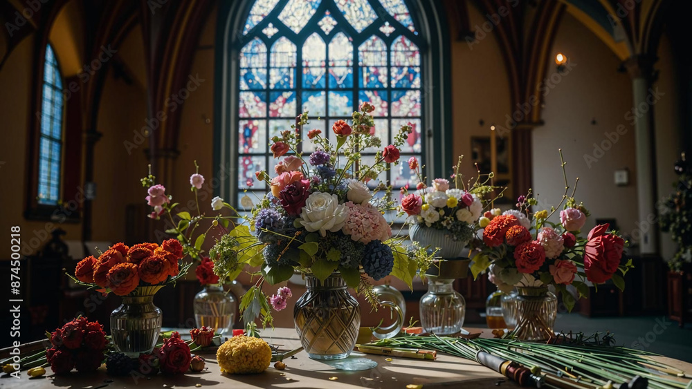 many vases of flowers on a table in front of a stained glass window many vases of flowers on a table in front of a stained glass window