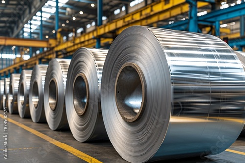 A variety of silver rolls of material neatly arranged in a spacious warehouse, showcasing industrial efficiency and manufacturing processes.