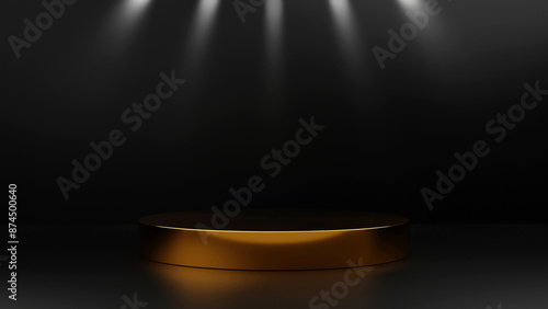 Elegant Gold Circle Podium on Black Background with Spotlight Illumination