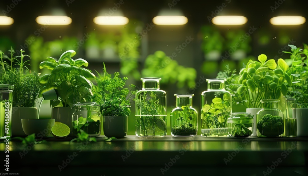 Fototapeta premium A hightech kitchen transforms enchanted vegetables into potent skincare elixirs, demonstrating the integration of healthy food and cosmetics, high tech, with copy space
