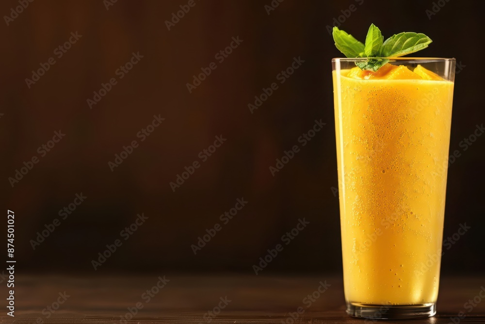 A mango lassi in a tall glass, creamy and cold, serves as a deliciously refreshing treat with copy space A mango lassi in a tall glass, creamy and cold, serves as a deliciously refreshing treat with copy space