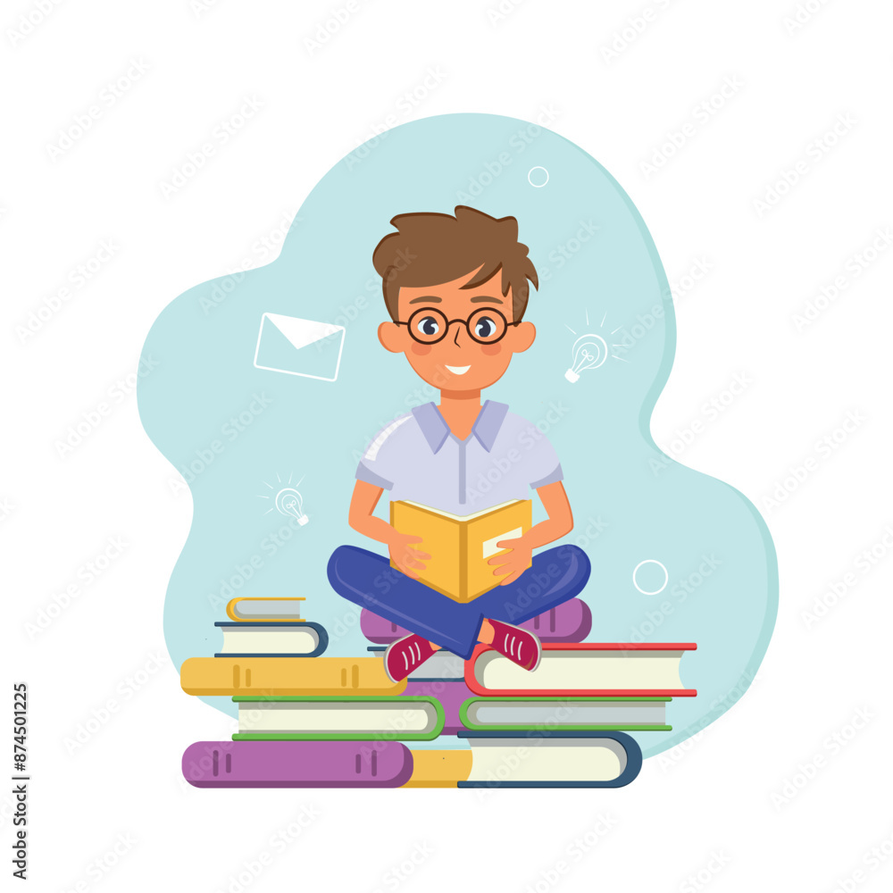 Boy sitting on books and reading a book Boy sitting on books and reading a book