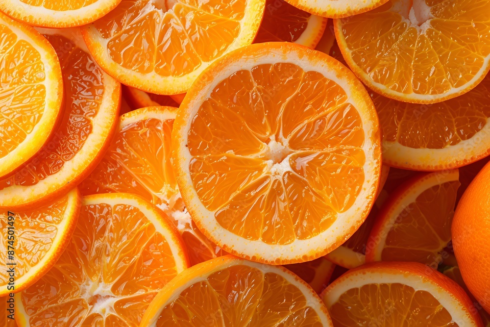 Close-up view of fresh orange slices with water droplets on an orange background. Orange banner. Orange background. Close-up food photography Close-up view of fresh orange slices with water droplets on an orange background. Orange banner. Orange background. Close-up food photography