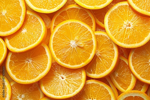 Close-up view of fresh orange slices with water droplets on an orange background. Orange banner. Orange background. Close-up food photography