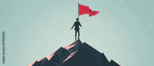 A successful businessman in a cyberthemed world holds a red flag on a mountain peak with copy space photo