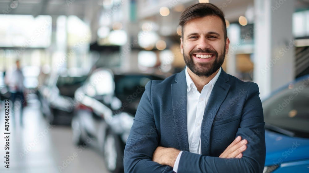 Smiling Car Salesman In Dealership Showroom. Generative AI Smiling Car Salesman In Dealership Showroom. Generative AI