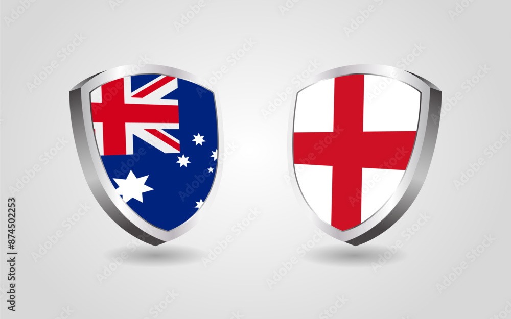 Obraz premium Australia vs England flag shields on a white background, cricket championship competition vector illustration