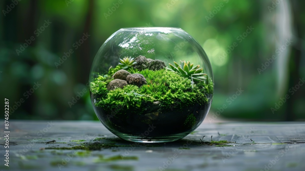 Beautiful Terrarium in Glass Bowl With Lush Green Moss and Succulents in Nature Setting Beautiful Terrarium in Glass Bowl With Lush Green Moss and Succulents in Nature Setting