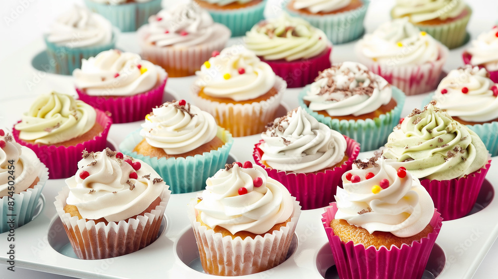 A close-up of various cup-cakes on a studio light background A close-up of various cup-cakes on a studio light background