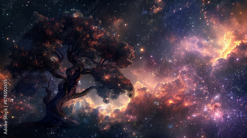 Enchanted Cosmic Tree with Stars and Nebulae in a Mystical Galaxy Enchanted Cosmic Tree with Stars and Nebulae in a Mystical Galaxy