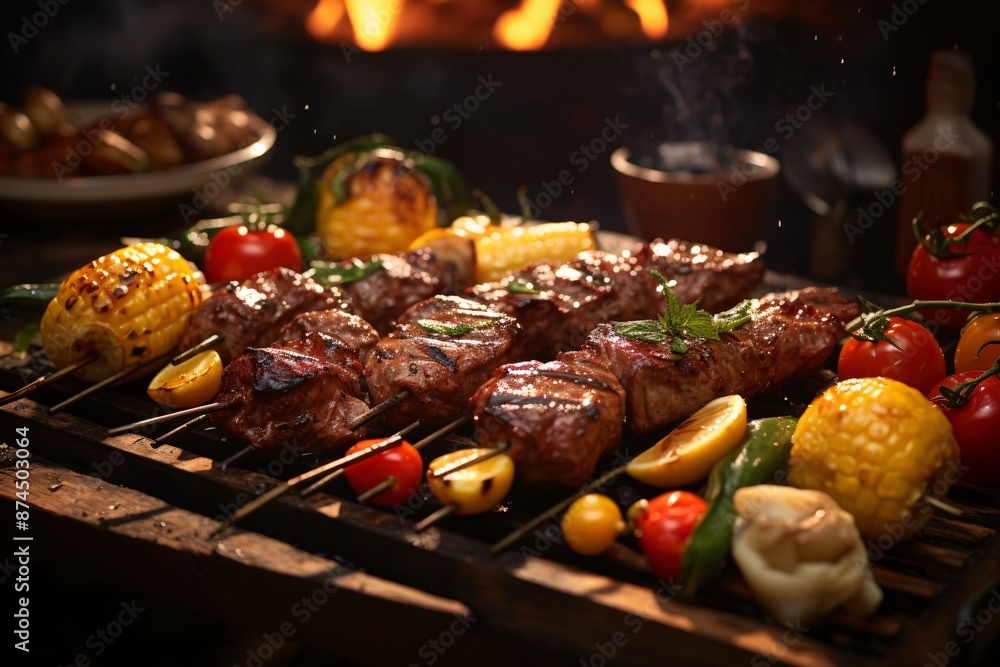 Grilled meat with vegetables and spices on a dark background. Baked meat and tomato. Delicious dish. Meat with spices and sauce. Grilled meat with vegetables and spices on a dark background. Baked meat and tomato. Delicious dish. Meat with spices and sauce.