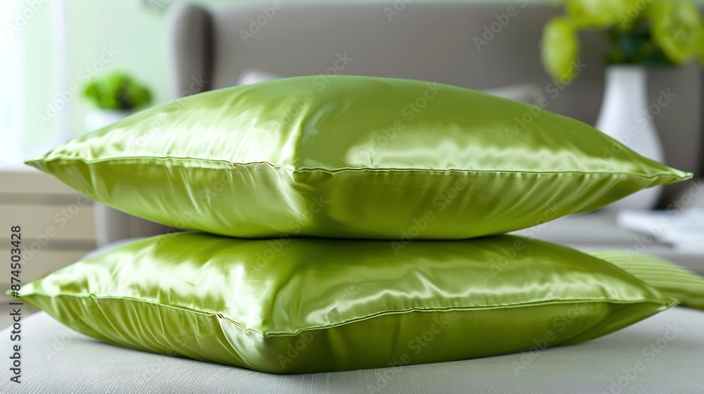 Two lime green pillows stacked on top of each other on top of a white couch in front of a window Two lime green pillows stacked on top of each other on top of a white couch in front of a window