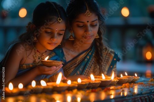 Young Girl and Woman Lighting Diyas During Diwali Celebration