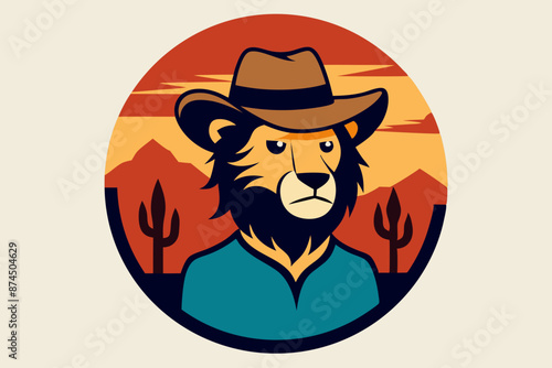 Circle artwork with t-shirt design, lion wearing cowboy hat, Texas desert background, vector illustration