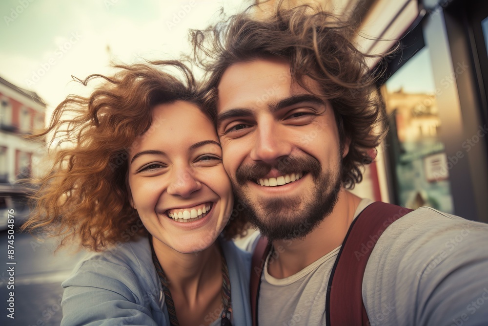 Happy young couple taking a fun selfie with a beautiful blurred city background Happy young couple taking a fun selfie with a beautiful blurred city background