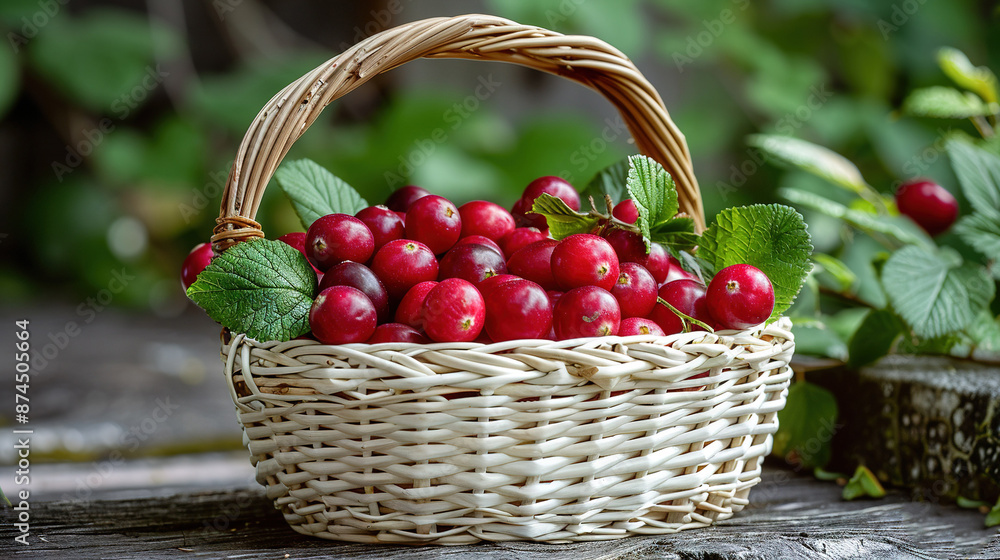 A basket of cherries sits on a table alongside a bushel of leaves and a bushel of berries A basket of cherries sits on a table alongside a bushel of leaves and a bushel of berries