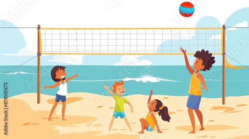Four kids play beach volleyball on a sunny day.