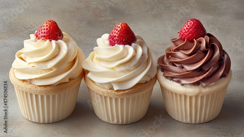  Three cupcakes with white frosting and a strawberry on top One of them has chocolate frosting and a strawberry on top