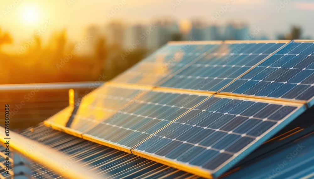 Solar panels on a rooftop capture the suns power, showcasing renewable energy solutions with copy space Solar panels on a rooftop capture the suns power, showcasing renewable energy solutions with copy space