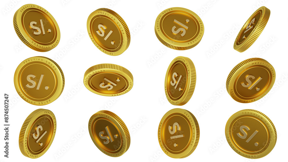 3D rendering of set of abstract golden Peruvian soles coins concept in different angles. sol sign on golden coin isolated on transparent background
3D rendering of set of abstract golden Peruvian soles coins concept in different angles. sol sign on golden coin isolated on transparent background