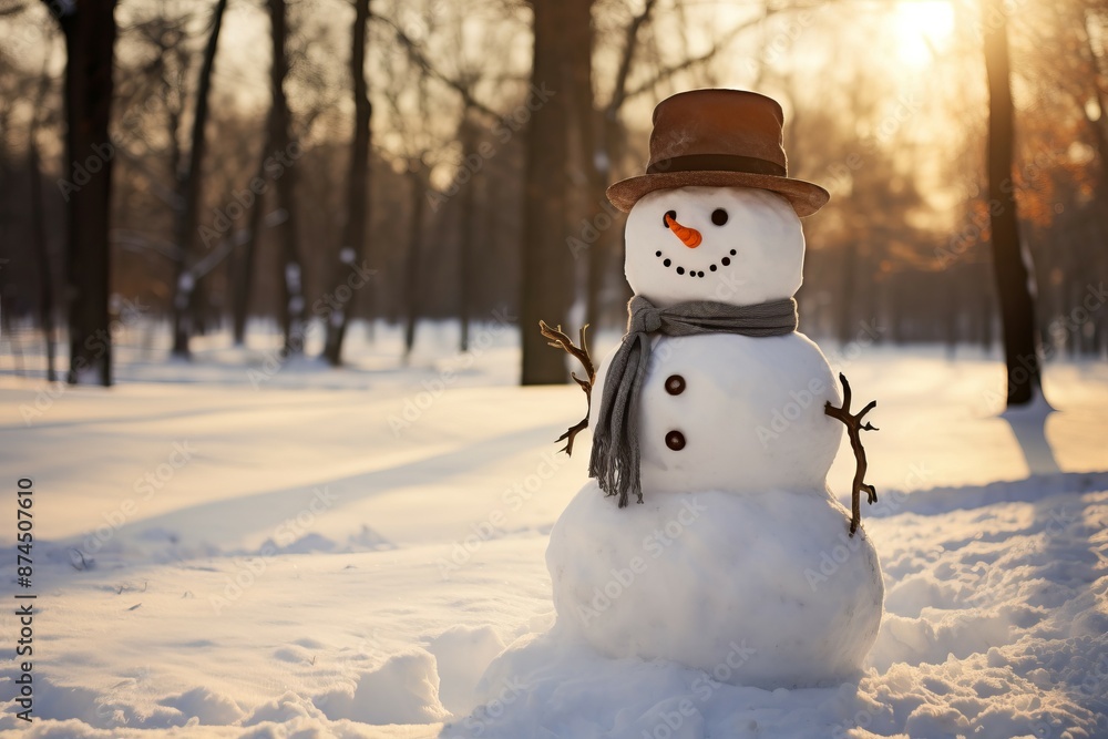 Obraz premium Cheerful snowman with a hat and scarf stands in a snowy park at sunset