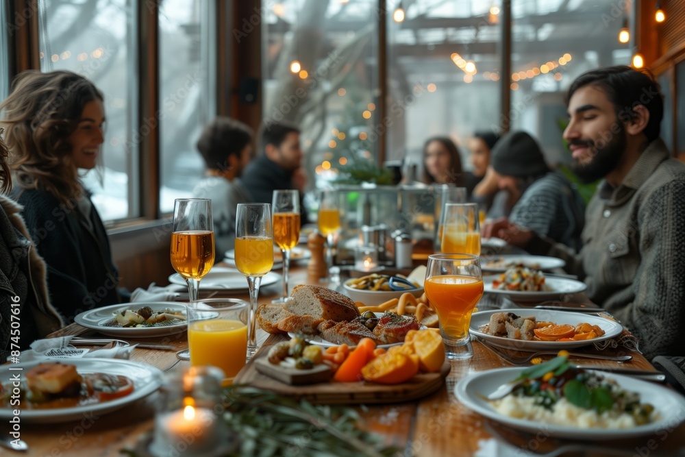 Group of Friends Enjoying a Festive Meal at a Restaurant With Large Windows Group of Friends Enjoying a Festive Meal at a Restaurant With Large Windows
