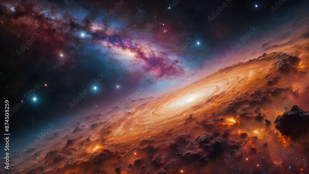 View from space to a spiral galaxy and stars. Universe filled with stars, nebula and galaxy. View from space to a spiral galaxy and stars. Universe filled with stars, nebula and galaxy.