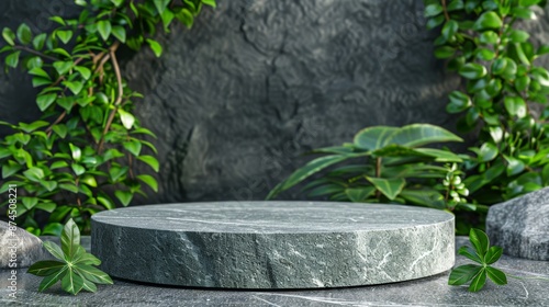 Natural Green Product Display on Stone Pedestal Generative AI photo