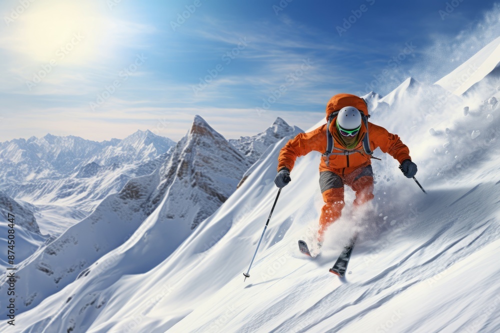 Skier in bright orange descends a snowy mountain slope, with a dynamic spray of snow Skier in bright orange descends a snowy mountain slope, with a dynamic spray of snow