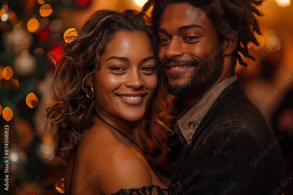 A Couple Smiling Together At A Holiday Party A Couple Smiling Together At A Holiday Party