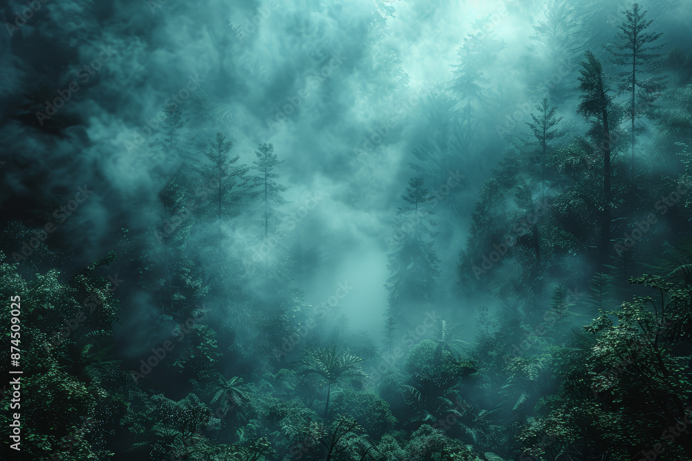 A dense fog enveloping a quiet forest, creating a mysterious atmosphere. Concept of nature and mystique. Generative Ai. A dense fog enveloping a quiet forest, creating a mysterious atmosphere. Concept of nature and mystique. Generative Ai.