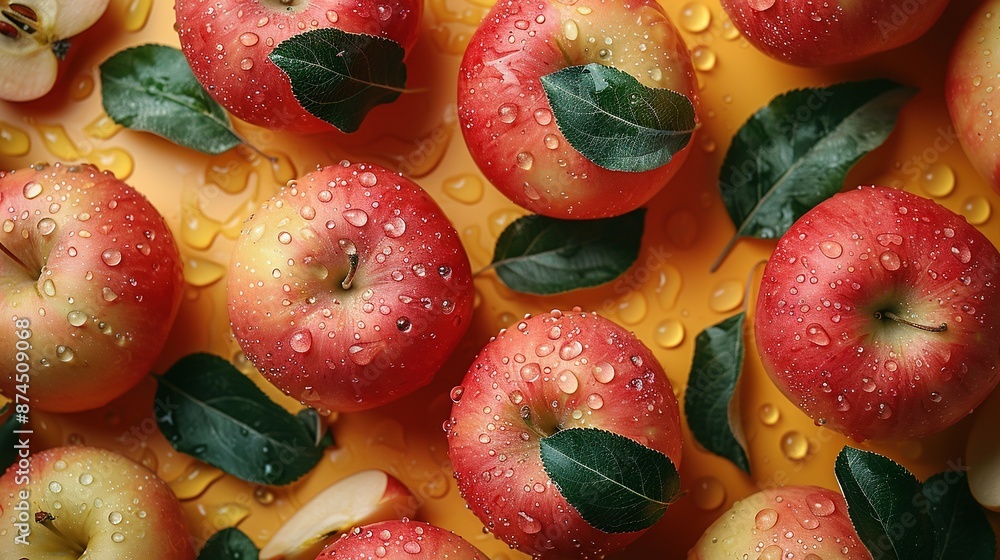 Red apples on yellow surface with water drops and green leaves Red apples on yellow surface with water drops and green leaves