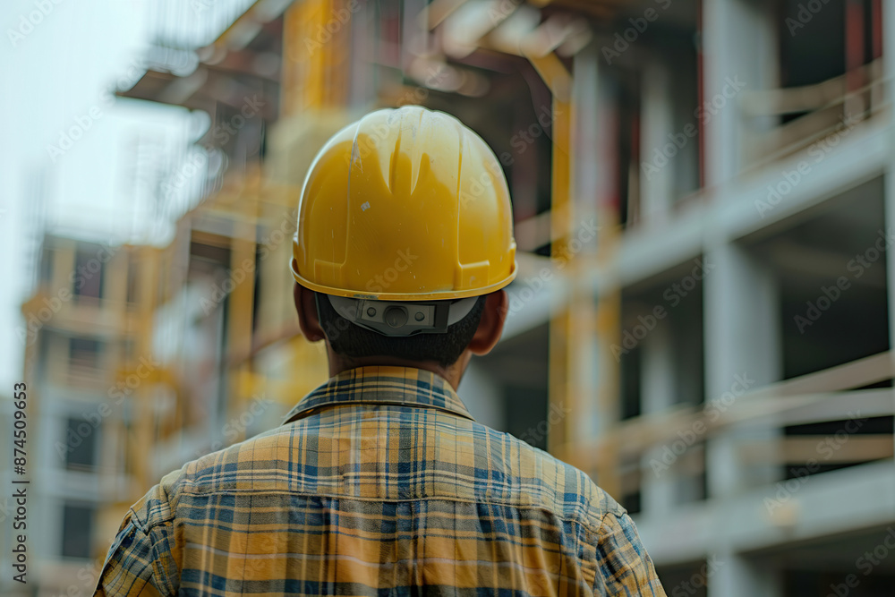 A man wearing a yellow hard hat stands in front of a building, generative ai image. A man wearing a yellow hard hat stands in front of a building, generative ai image.