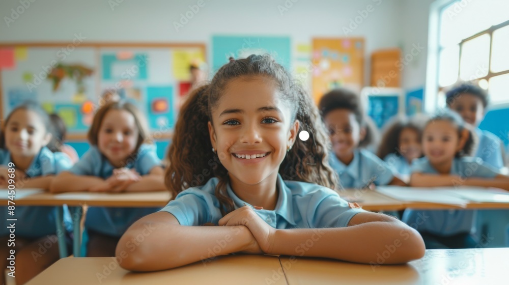Smiling Elementary School Girl In Classroom During Lesson. Generative AI Smiling Elementary School Girl In Classroom During Lesson. Generative AI