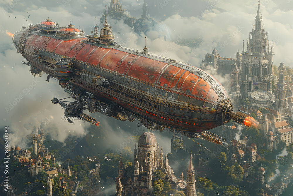 A detailed steampunk airship flying over a fantastical landscape. Concept of imaginative design and storytelling. Generative Ai. A detailed steampunk airship flying over a fantastical landscape. Concept of imaginative design and storytelling. Generative Ai.