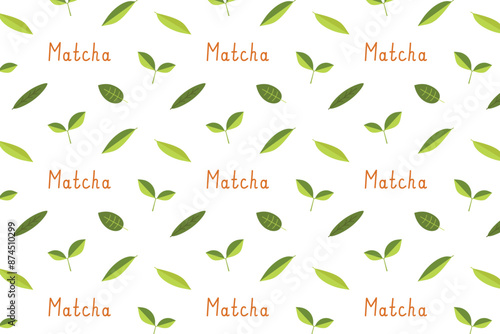 Seamless pattern with matcha tea leaves and text.  Vector illustration for wallpaper, packaging, wrapping, textile.