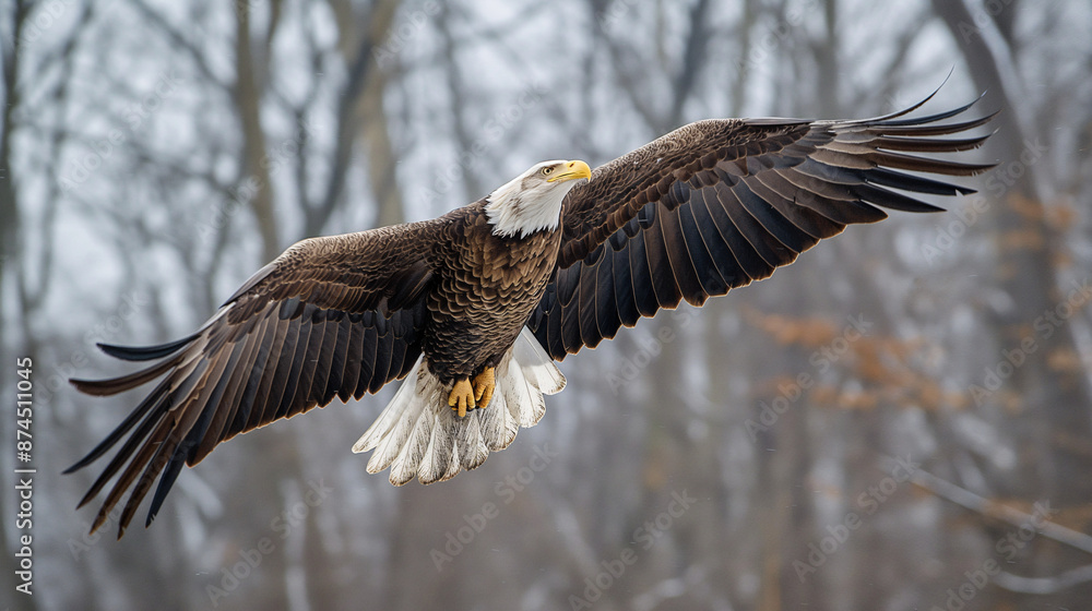 Fototapeta premium Bald Eagle Soaring in Winter Forest with Outstretched Wings Displaying Majestic and Graceful Flight