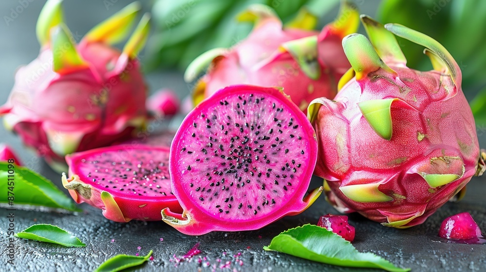 A dragon fruit split in two rests on a table with a green leafy branch nearby, while another fruit is visible in the background A dragon fruit split in two rests on a table with a green leafy branch nearby, while another fruit is visible in the background