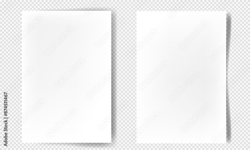 Realistic blank paper sheets with shadows. Vertical sheet. Notebook or book page. Design template or mockup. Realistic blank paper sheets with shadows. Vertical sheet. Notebook or book page. Design template or mockup.