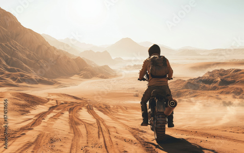 A motorcycle rider traverses a dusty desert trail surrounded by rugged mountains. © Darcraft