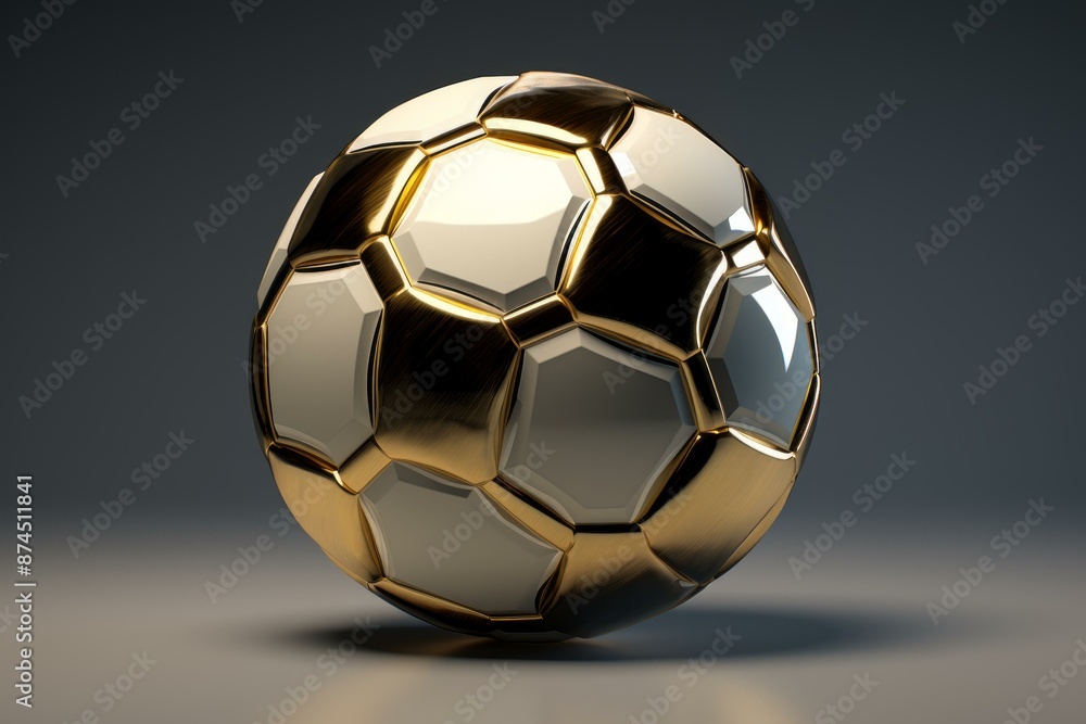 Naklejka premium 3d-rendered image of a shiny golden soccer ball against a smooth grey backdrop