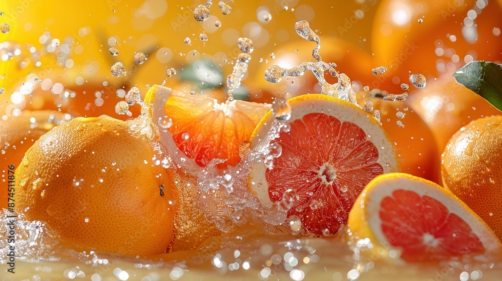 Grapefruits, oranges, and grapefruits splash in a bowl of water Grapefruits, oranges, and grapefruits splash in a bowl of water